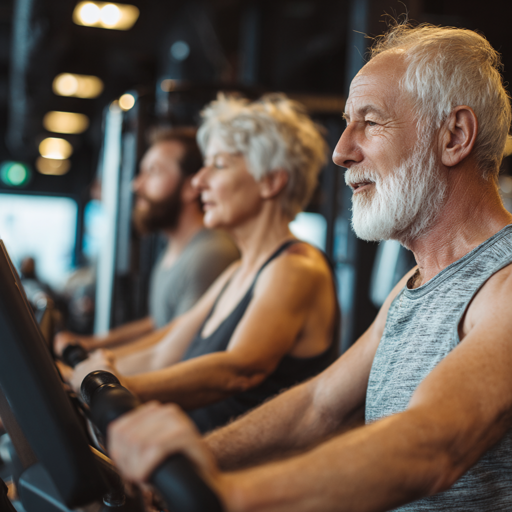 Mature adults engaged in fitness training with professional equipment